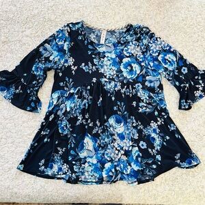 Elegant Navy Blue Floral Women's 3/4 Sleeve Soft Tunic Made in USA